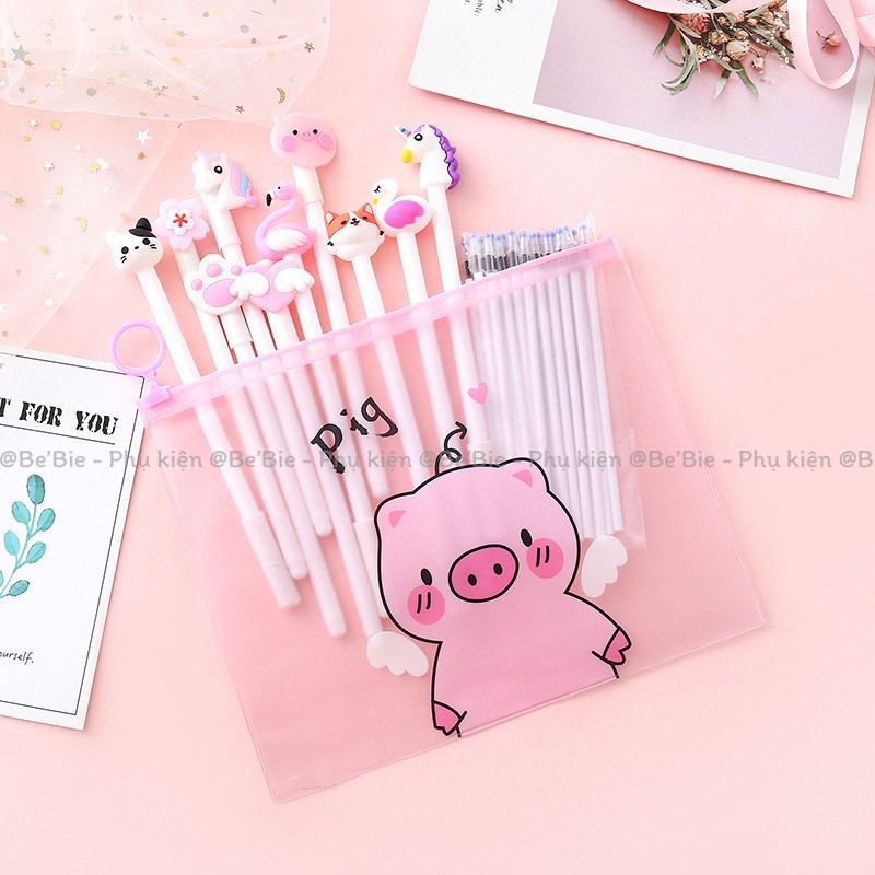 Set 10 bút bi mực nước mặt icon đáng yêu, Bộ bút bi cute BeBie (Tặng túi) - BP032