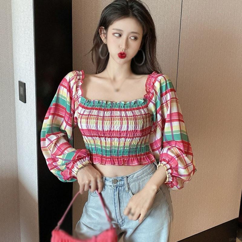 Áo Sơ Mi Dài Tay Hở Eo Họa Tiết Ca Rô Thời Trang Cho Nữ