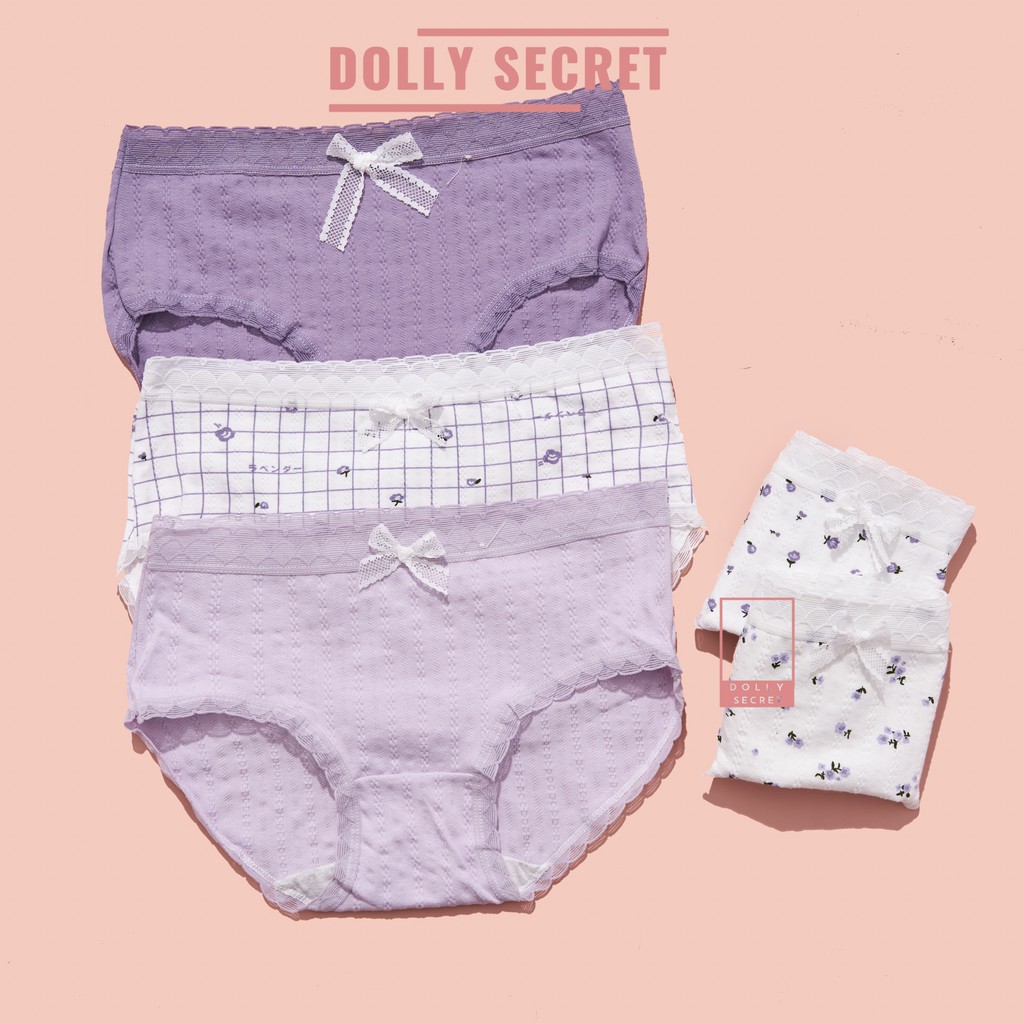 Quần lót cotton nữ DOLLY SECRET quần chip nữ cotton kháng khuẩn cao cấp tone màu tím dễ thương họa tiết kẻ hoa QL044