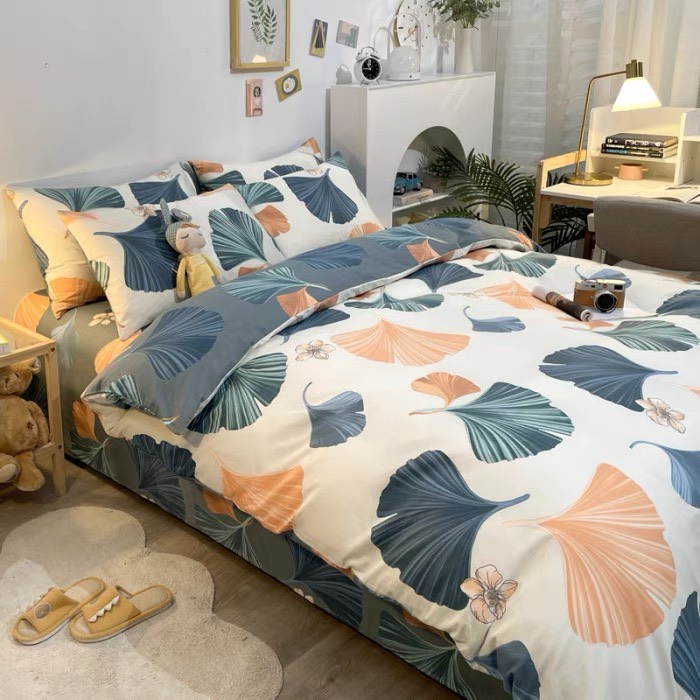 Bộ Chăn Ga Gối Cotton Living - Cotton 100% Họa Tiết Lá Quạt , Full Set 4 Món Ga Giường , Vỏ Chăn Và 2 Vỏ Gối Nằm