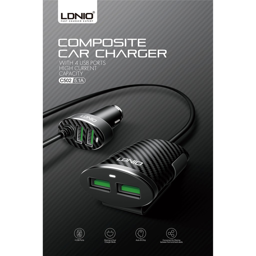 Sạc điện thoại gắn ôtô LDNIO C502- 5.1A- 4 USB