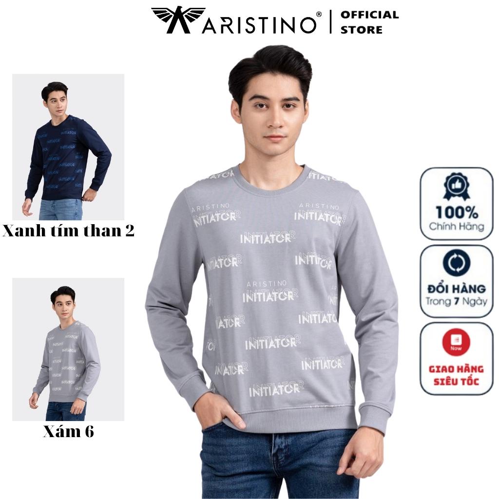 Áo Thun Thu Đông Dài Tay Nam Aristino ASW008W2 In Họa Tiết Chữ Chất Cotton Cao Cấp dáng Regular Fit Cổ Tròn Bo Tay Gấu
