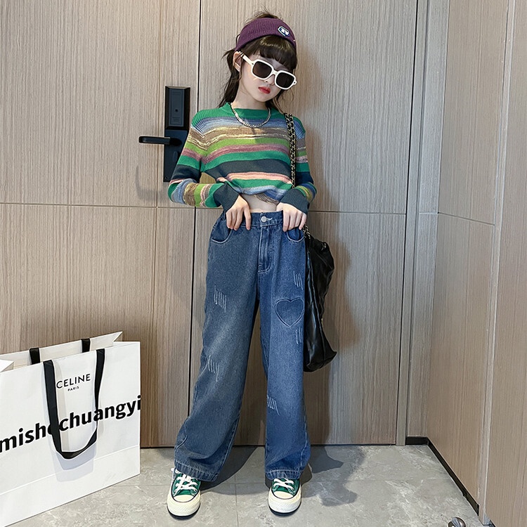 Bộ Áo Sweater Kẻ Sọc + Quần Jeans Thời Trang Mùa Thu Phong Cách Hàn Quốc Cho Bé Gái 5-6 Tuổi 7-8 Tuổi 9- 9 Tuổi