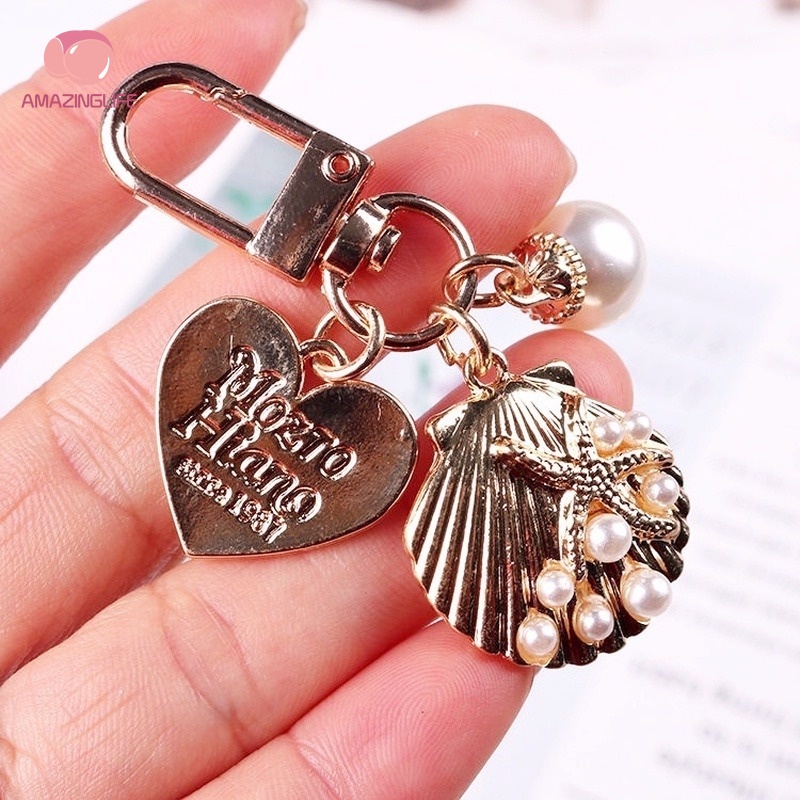 [Amazinglife] Móc Khóa Kim Loại Hình Vỏ Sò / Trái Tim Đính Ngọc Trai Sang Trọng Tinh Tế Thời Trang Cho Nữ