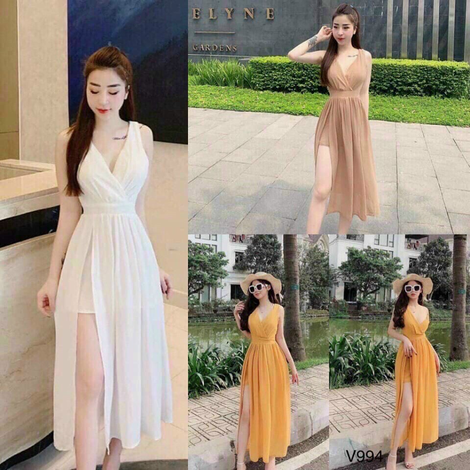 Đầm Maxi Xẻ Tà Cổ Tim Vải Voan Chiffon ChemMix - Váy Maxi Xẻ Tà Đi Biển, Đầm Dự Tiệc Siêu Xinh | BigBuy360 - bigbuy360.vn