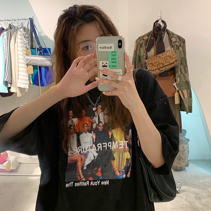 SUXI Áo Thun Cotton Tay Ngắn Dáng Suông In Hoạ Tiết Cổ Điển Thời Trang Phong Cách Hàn Quốc Cho Nữ