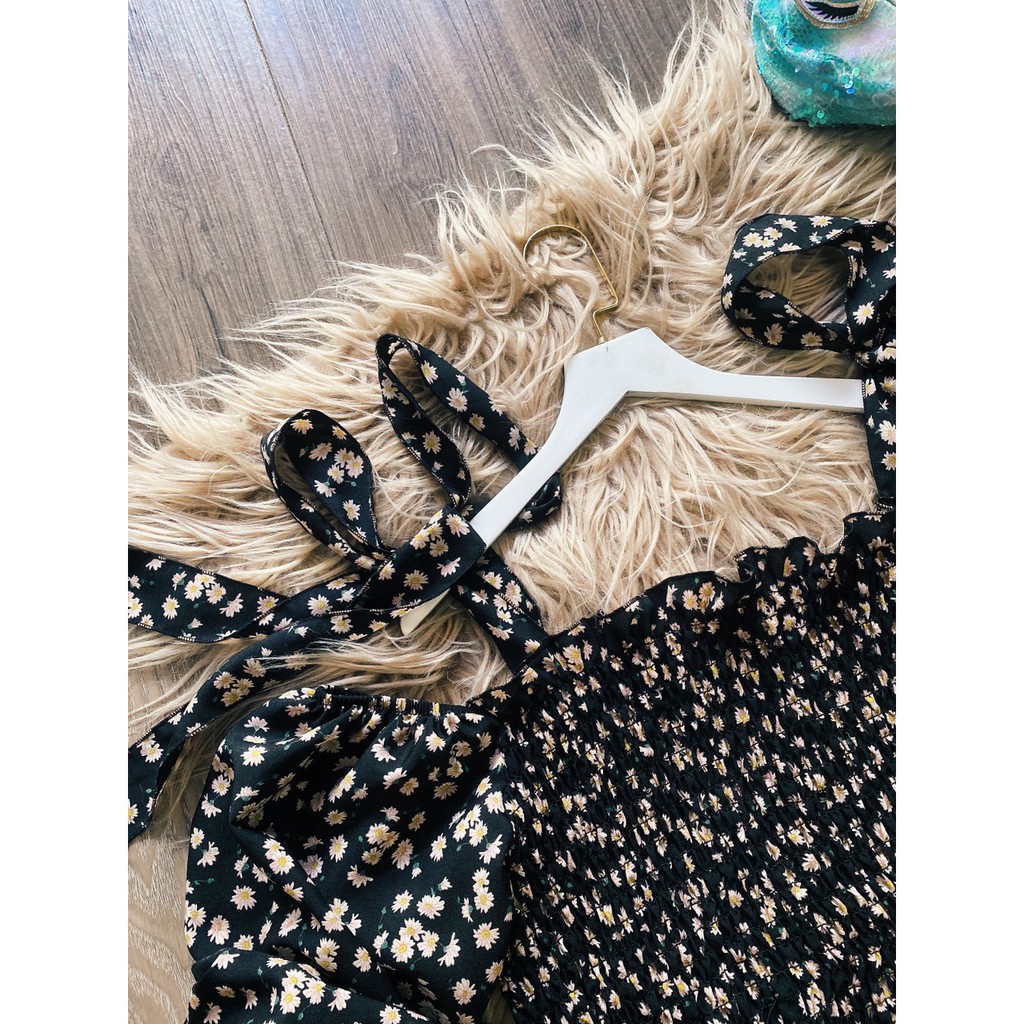 Đầm hoa cúc ulzzang tay bồng bigsize vai nơ 75-110kg