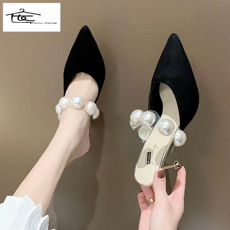 Dép Sandal Cao Gót Mũi Nhọn Phối Dây Ngọc Trai Thời Trang Mùa Hè Dành Cho Nữ