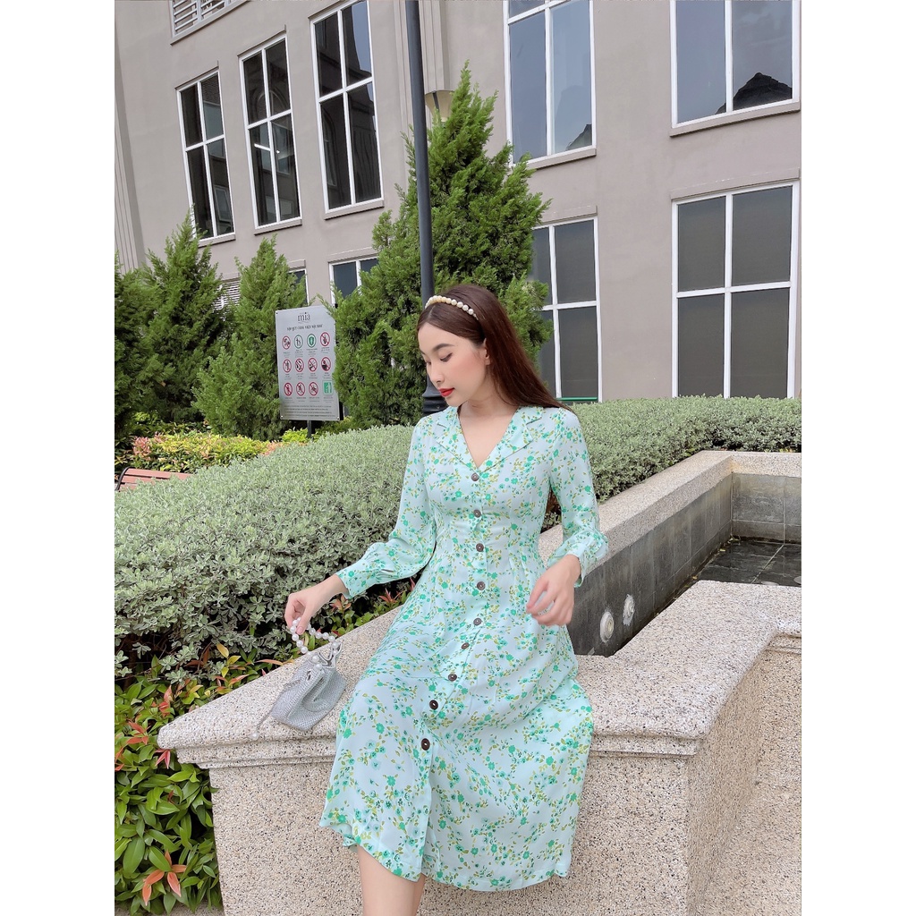 Đầm hoa xòe tay dài cổ điển Beatrix C504 Cin House