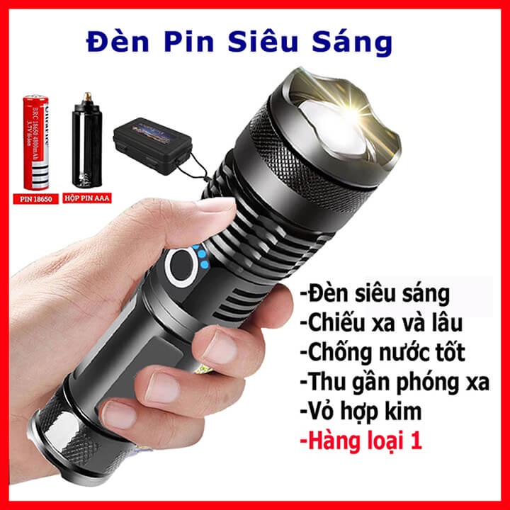 Đèn pin cầm tay siêu sáng XHP50 chiếu xa 500m có Zoom xa gần, chống thấm nước, pin trâu 6800mAh 5 chế độ sáng