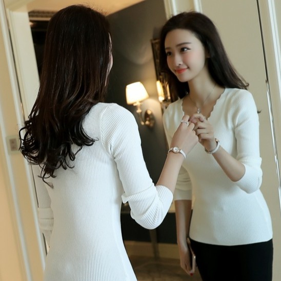 Áo len nữ mỏng dài tay Cổ Chữ V gợn sóng Màu Trơn Basic Phong Cách Hàn Quốc