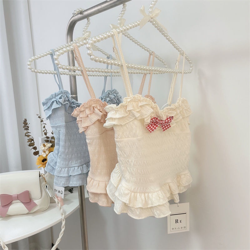Jiashucheng Áo Hai Dây Mùa Hè Mỏng Nhẹ Màu Trơn Đính Nơ Phong Cách Nhật Bản Dễ Phối Đồ Cho Nữ