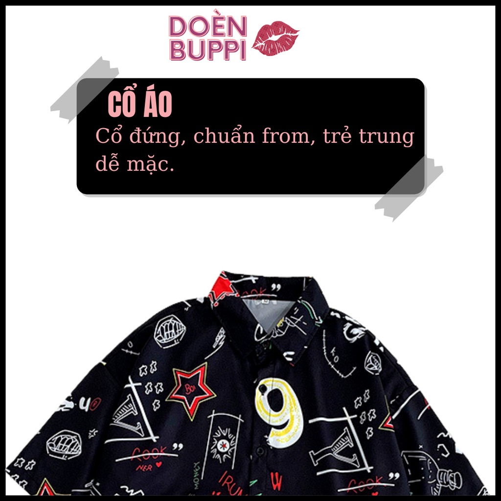 Áo sơ mi ngắn tay unisex nam nữ, cổ đứng, vải lụa lạnh nhập khẩu thoáng mát, ĐEN hoạ tiết TIA CHỚP - DOÈNBUPPI Shirt