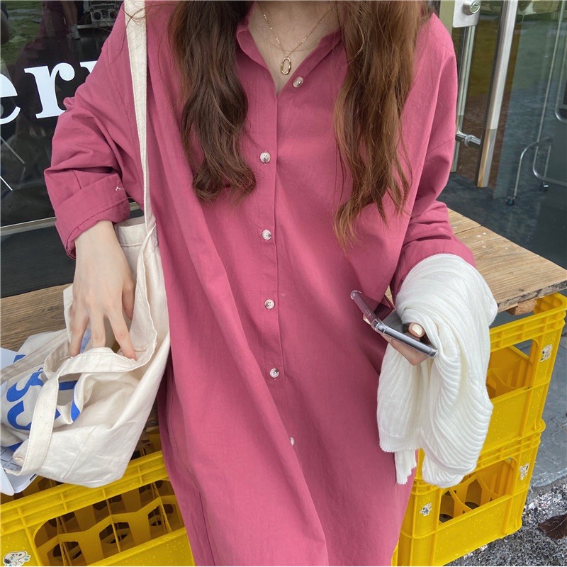 (order) Váy sơ mi dáng suông màu xanh hồng pastel ulzzang hàn quốc