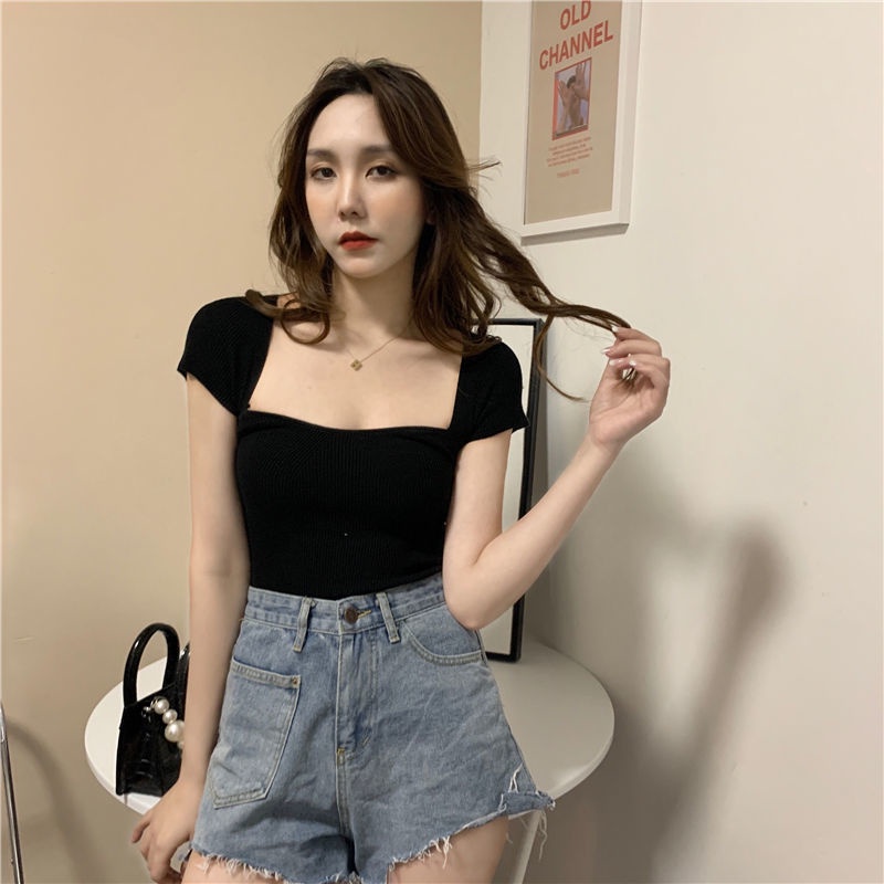 COZOK Áo Thun Dệt Kim Tay Ngắn Dáng Ôm Thời Trang