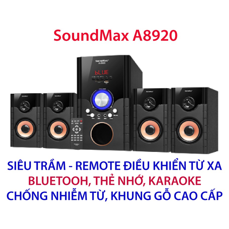 Loa Soundmax Karaoke A8920 4.1, Bluetooth, điều khiển từ xa, 2Micro, USB, Thẻ NHớ, 4 loa vệ tinh, BH Chính hãng