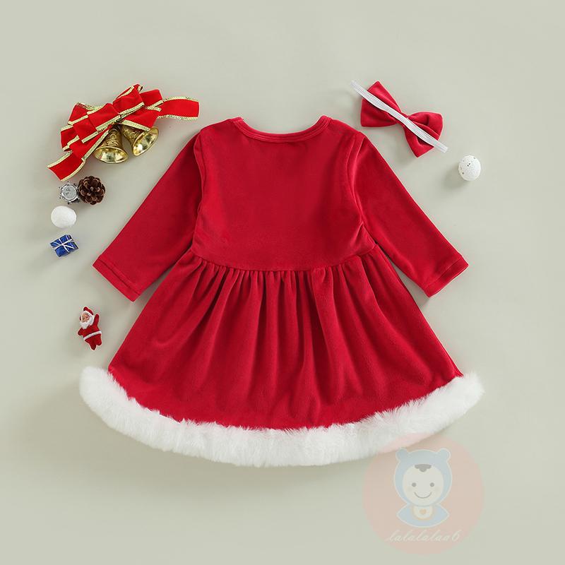 Bộ Đầm Giáng Sinh Tay Dài In Chữ Kèm Băng Đô Xinh Xắn Cho Bé Gái LAA6-G