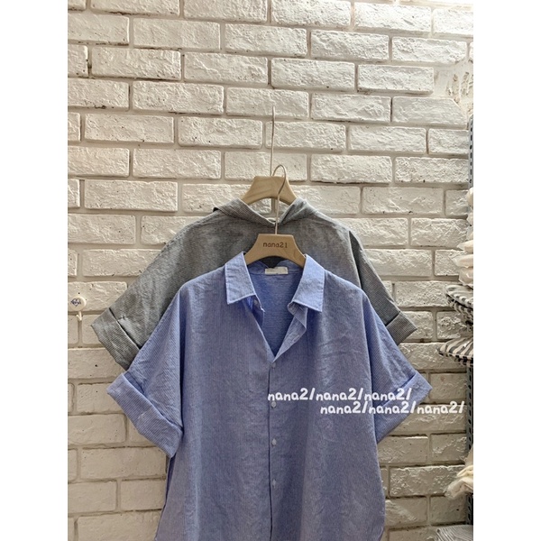 Áo sơ mi kẻ cách điệu hàng khuy sau ĐEN/TRẮNG/XANH Nana21 Nanastore21