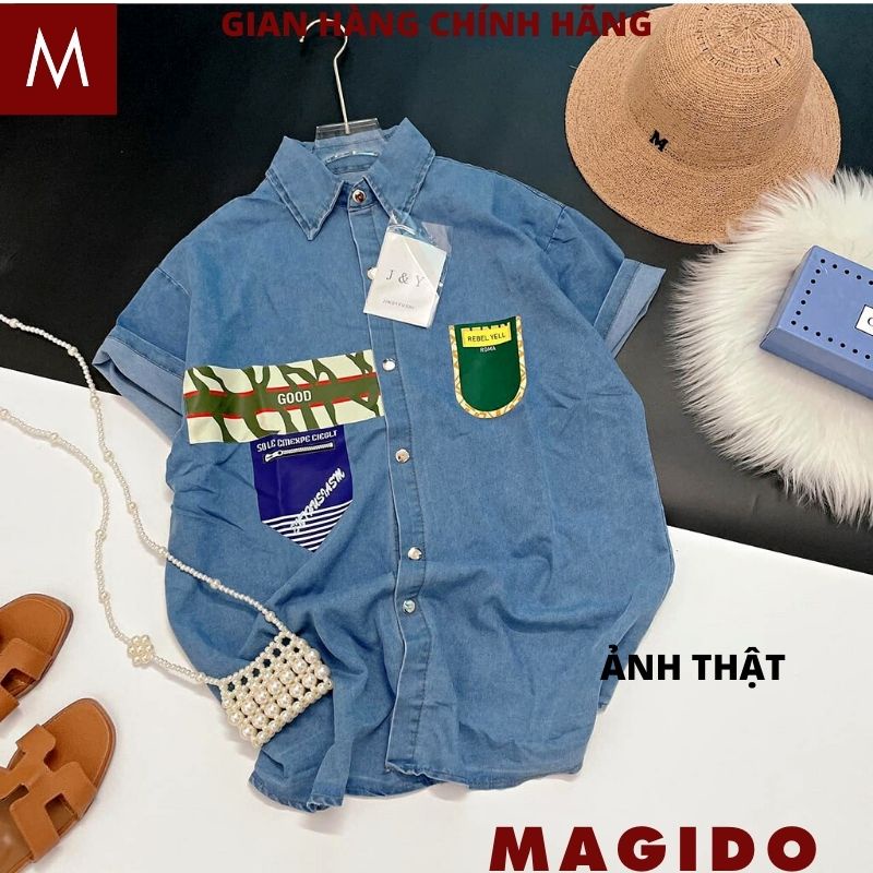 Áo sơ mi jeans bò cộc tay cổ đức in hình AB01 kiểu dáng hàn quốc ulzzang dáng suông form rộng cực kute -MAGIDO