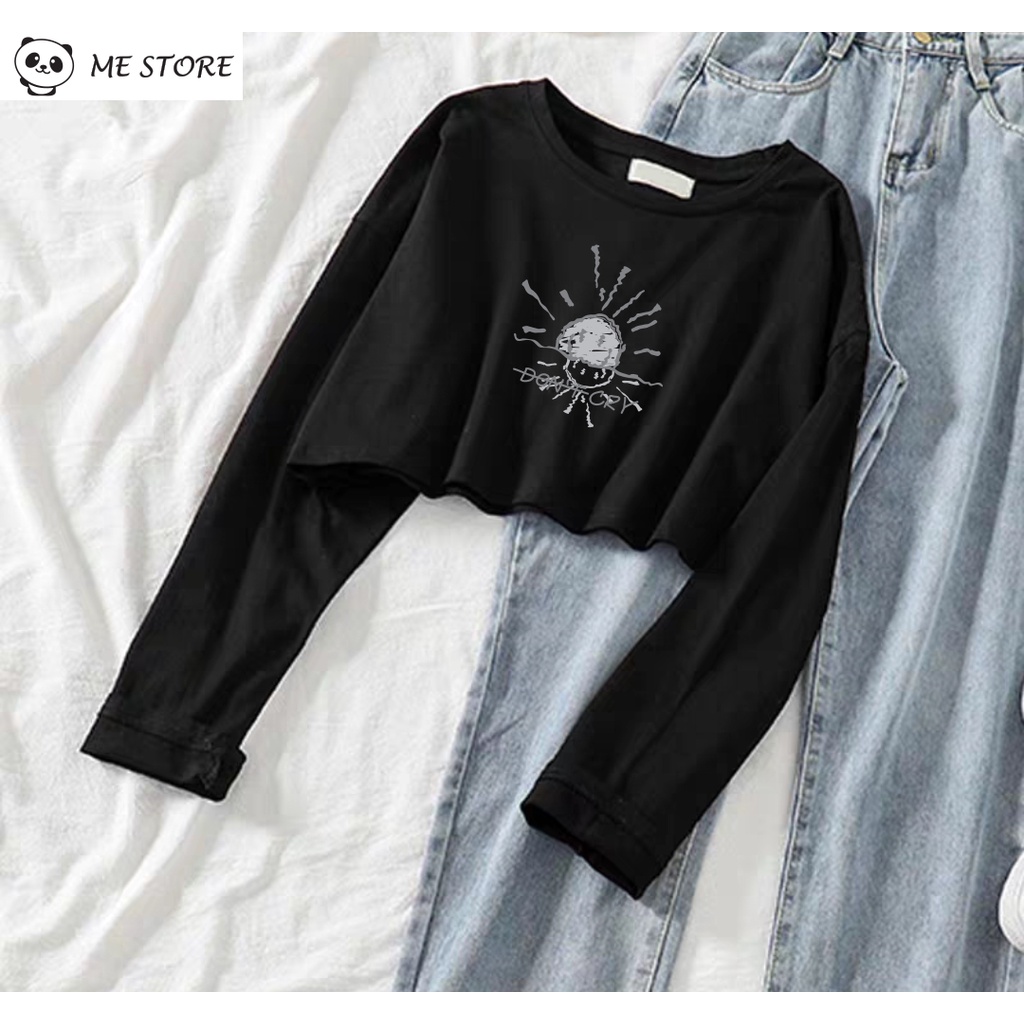 Áo thun croptop dài tay in hình don't cry thu đông unisex Ulzzang form rộng dáng rộng chất liệu 100% cotton