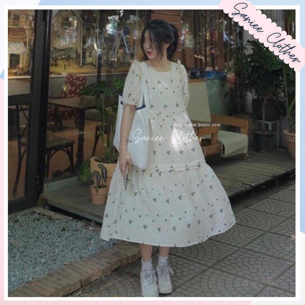 Đầm nữ ngắn tay chấm bi dáng rộng váy babydoll hoa nhí dáng dài đầm ulzzang tiểu thư vintage nữ Saniee Clother