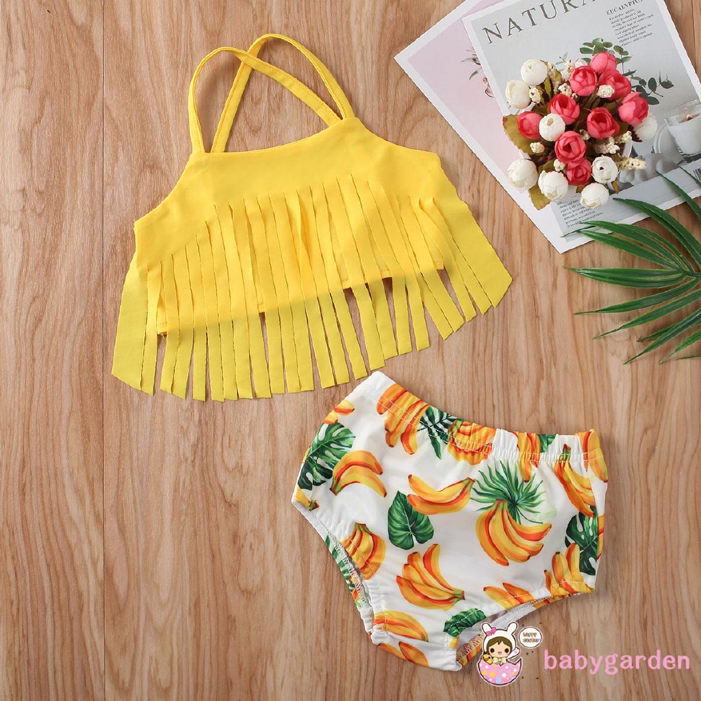 Bộ bikini hai dây phối tua rua và in hình chuối thời trang cho bé gái