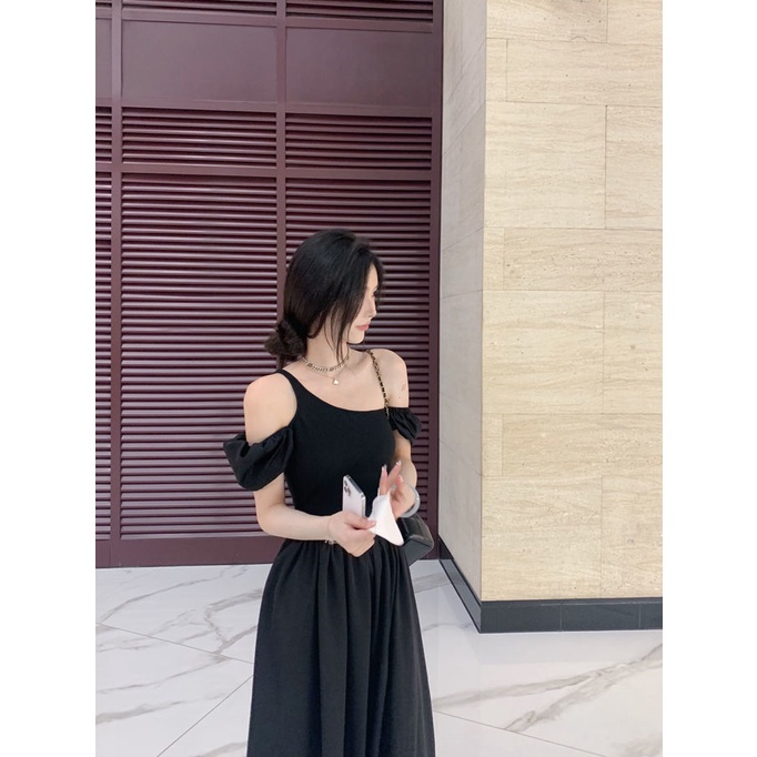 Đầm Trễ Vai Tay Ngắn Màu Đen Thời Trang Quyến Rũ Cho Nữ