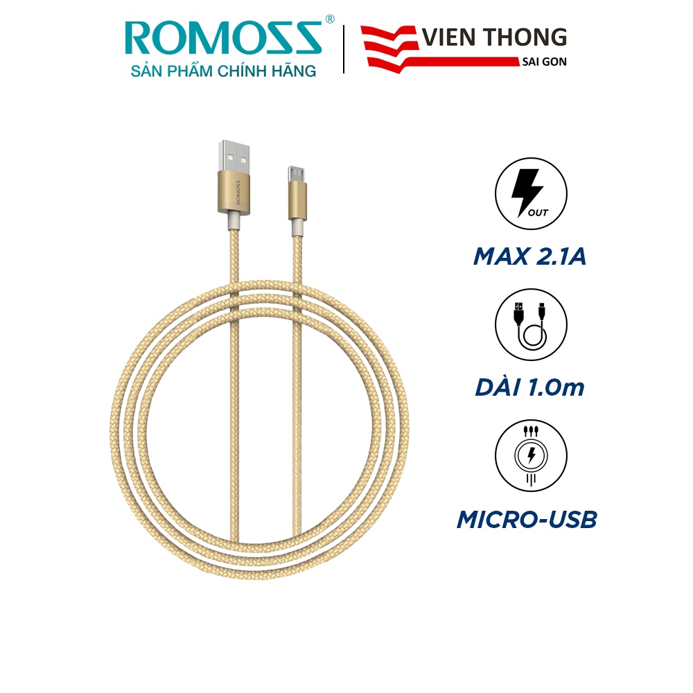 [Mã BMLT35 giảm đến 35K] Cáp sạc nhanh micro USB Romoss CB05n bọc nylon dài 1m / Sạc nhanh 2A cho Android (Yel)