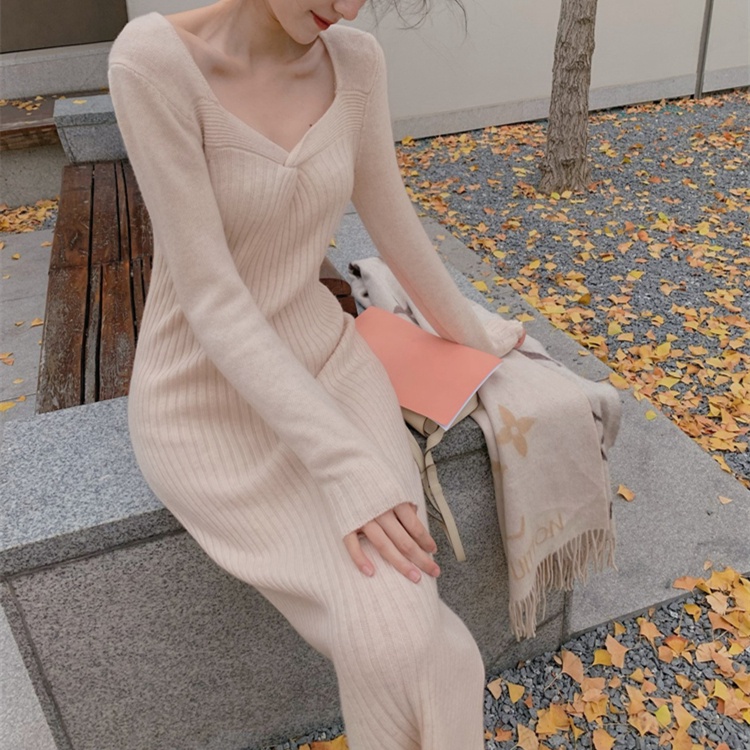 Đầm midi dệt kim SUXI tay dài cổ chữ V dáng ôm màu trơn thời trang mùa thu cho nữ