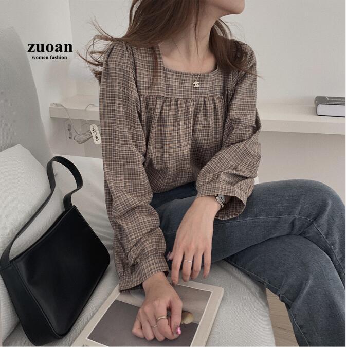 SUXI Áo tay dài form rộng họa tiết kẻ ca rô trẻ trung cho nữ