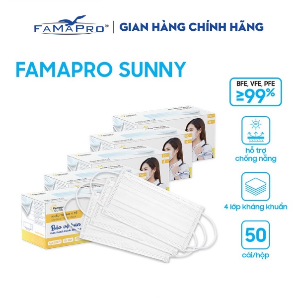[SUNNY- COMBO 5- HỘP 50 CÁI] Khẩu trang y tế kháng khuẩn 4 lớp Famapro Sunny (50 cái thumbnail