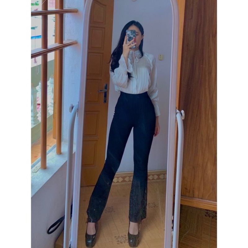 Quần ống loe cotton cạp cao siêu tôn dáng