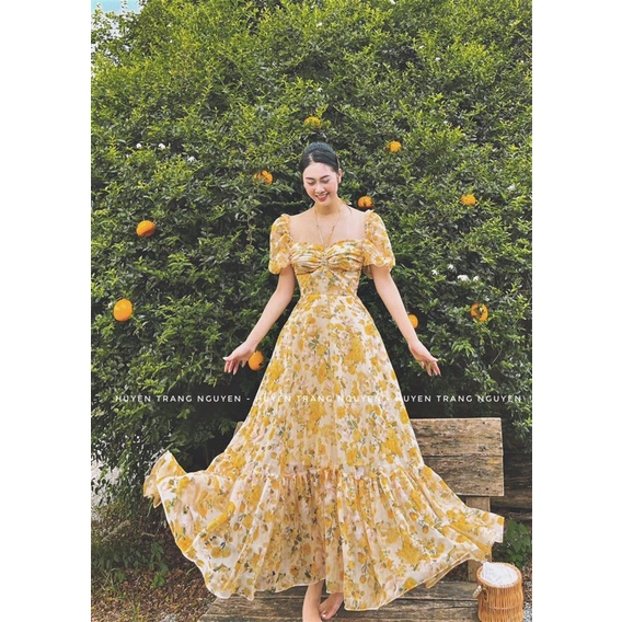 Đầm mixi hoa vàng bèo phồng