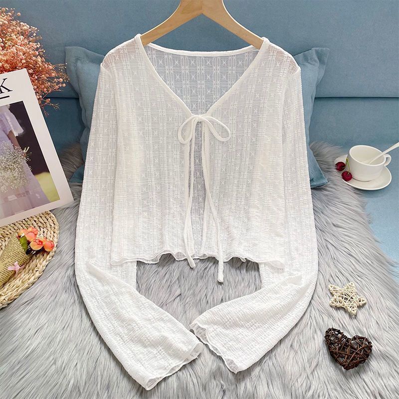 [Linin] Áo Khoác Cardigan Dệt Kim Mỏng Nhẹ Chống Nắng Cột Dây Màu Trắng