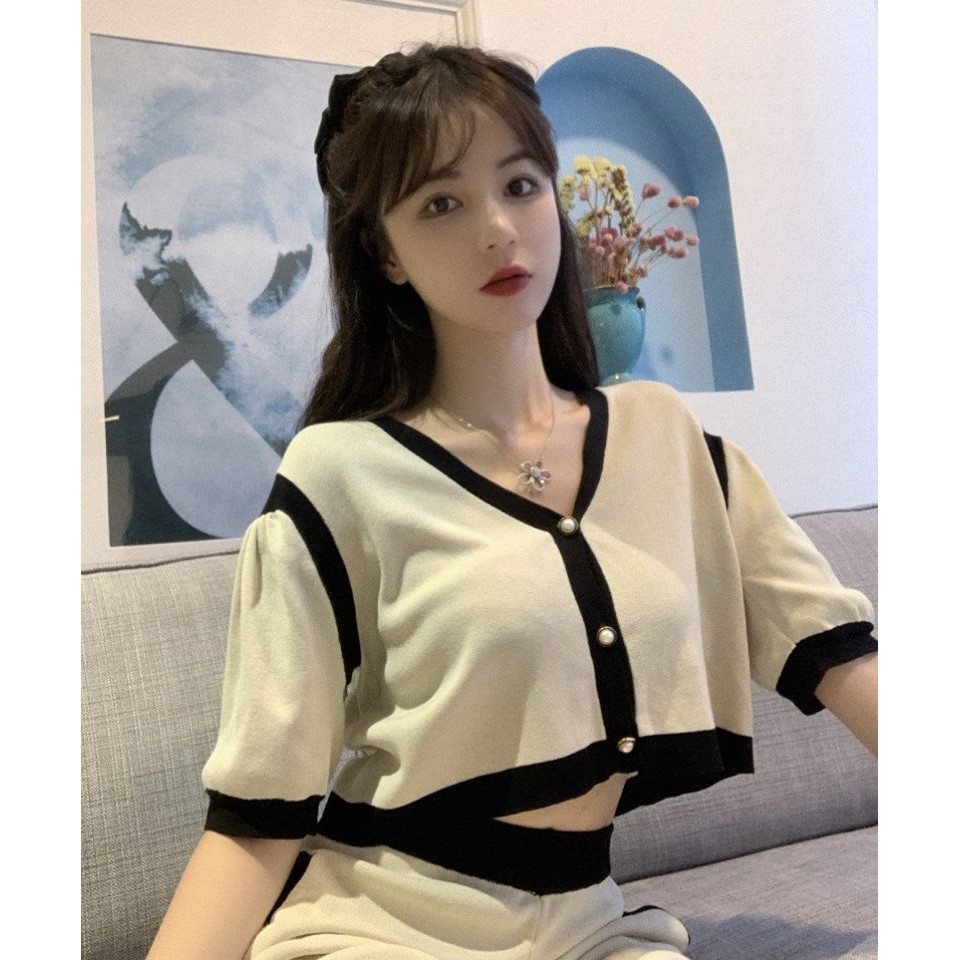 HÀNG ORDER- Set bộ mùa hè áo croptop + quần lửng ống rộng viền đen