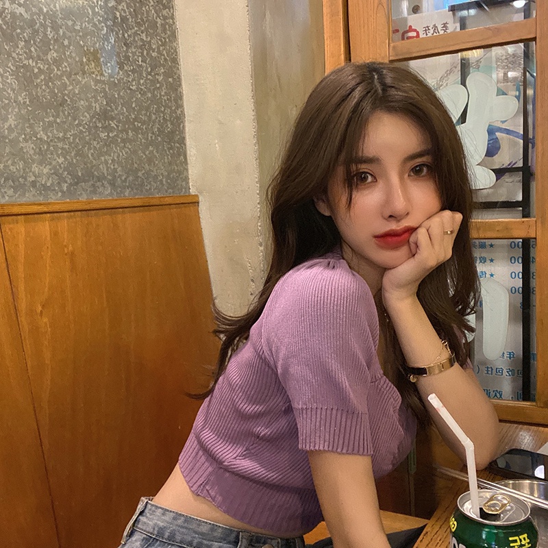 Porozi  Áo croptop  dệt kim tay phồng cổ chữ V thời trang Hàn Quốc dành cho nữ