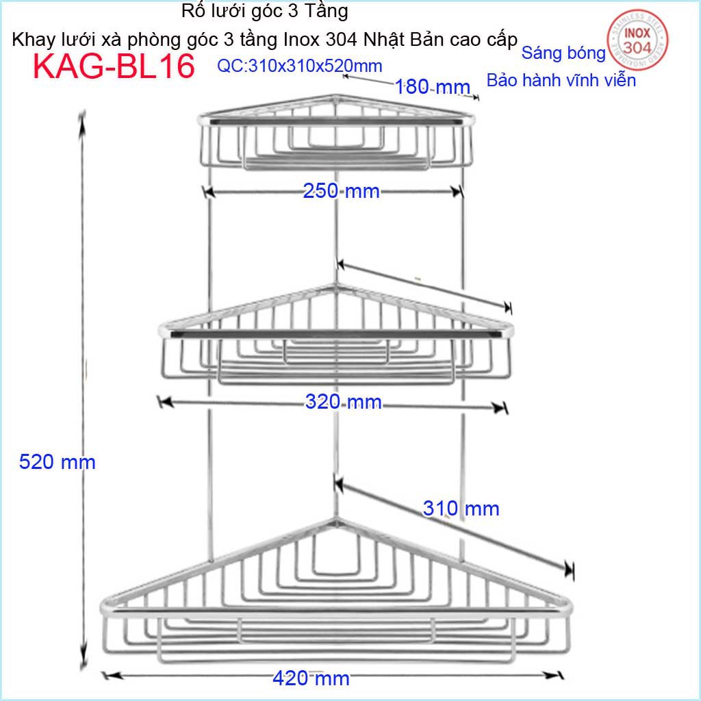 Kệ góc 3 tầng KAG-BL16, kệ rổ xà phòng góc tam giác lớn 310x310 mm giật cấp SUS304 Nhật cao cấp inox đặc sáng bóng tuyệt