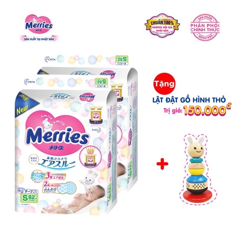 (Tặng lật đật gỗ Merries) Combo 2 Tã/ bỉm dán Merries Đủ Size NB90/S82/M58/L44/XL38