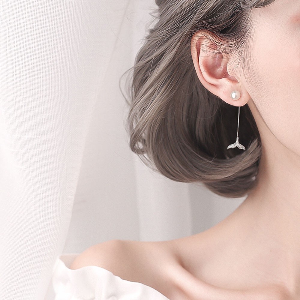 Bông Tai Xỏ Lỗ Hình Đuôi Cá Đính Ngọc Trai Giả Thời Trang Hàn Quốc Cho Nữ 925