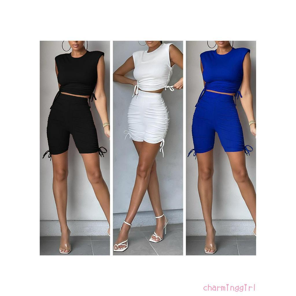 Set Áo Lửng Sát Nách Và Quần Short Lưng Cao Thời Trang Dành Cho Nữ
