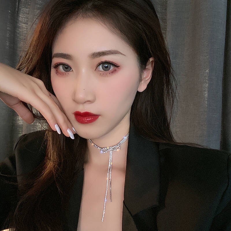 Vòng Cổ Choker Đính Đá Hình Nơ Tua Rua Xinh Xắn Hàn Quốc