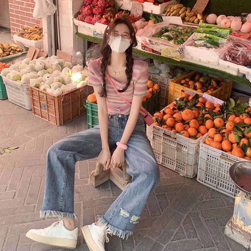 Quần Jean Ống Rộng Lưng Cao Thời Trang Mùa Hè Cho Nữ