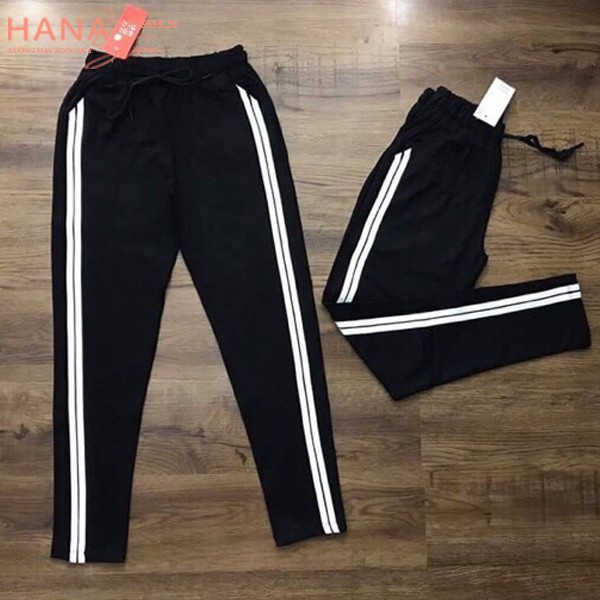Quần Jogger thể thao nữ viền kẻ 2 sọc trắng có túi dây rút màu Đen - Quần jogger nỉ dài vải Umi co giãn tập gym thể dục