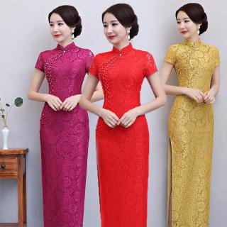 Đầm sườn xám cách tân dài mỏng phối ren rỗng đính hạt phong cách cổ điển thanh lịch cho nữ