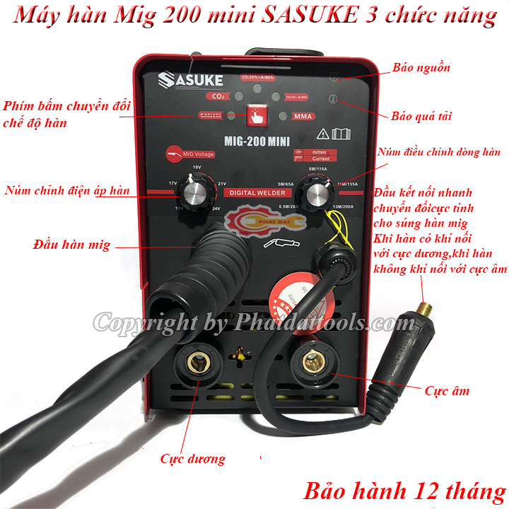 Máy hàn Mig không dùng khí SASUKE 200 mini 3 chức năng-Máy hàn Mig dùng cuộn 1kg-Bảo hành 12 tháng-Đầy đủ phụ kiện