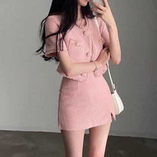 SET ÁO CROP DẠ HỒNG NÚT BỌC + CHÂN VÁY