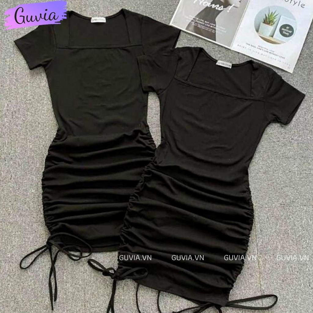 Đầm Váy Body Nhún Đầm Ôm Sexy Nữ Cổ Vuông Rút Dây 2 Bên Dáng Bó Eo Thun Tay Ngắn GUVIA