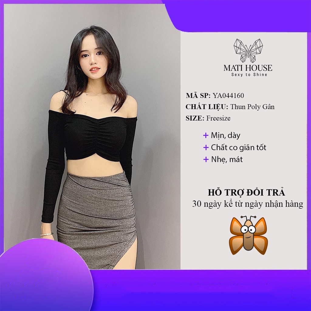 Áo CropTop Kiểu Bẹt Vai Tay Dài Ôm Body Nữ Trễ Vai Sexy Chất Thun Gân  Co Giãn Tốt Mati - YA044160
