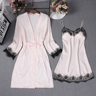 Bộ đồ ngủ lụa sexy 🌺COMBO 3 MÓN🌺 Áo choàng ngủ kèm váy ngủ lụa sexy 2 dây ren mi cao cấp SL260