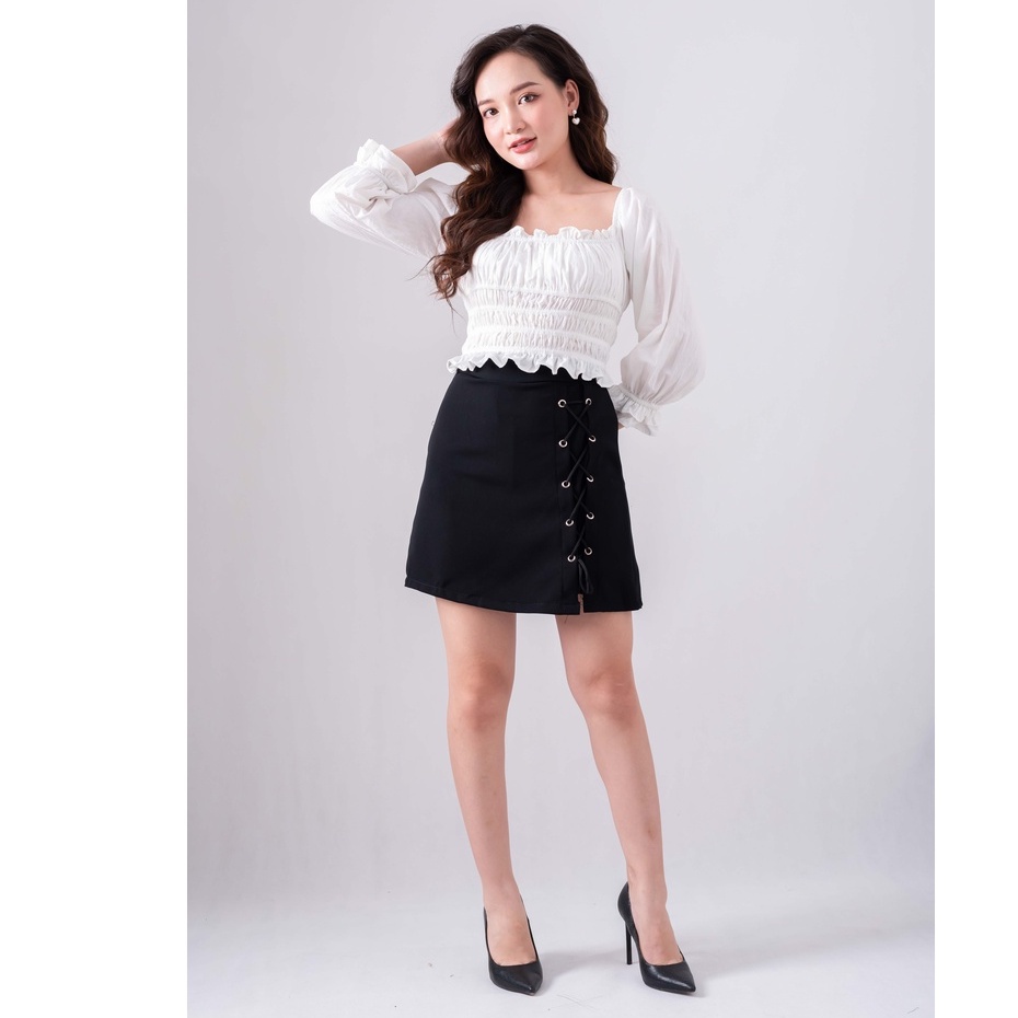 Áo croptop ulzzang trắng buộc dây cổ - áo bèo nhún ôm chun